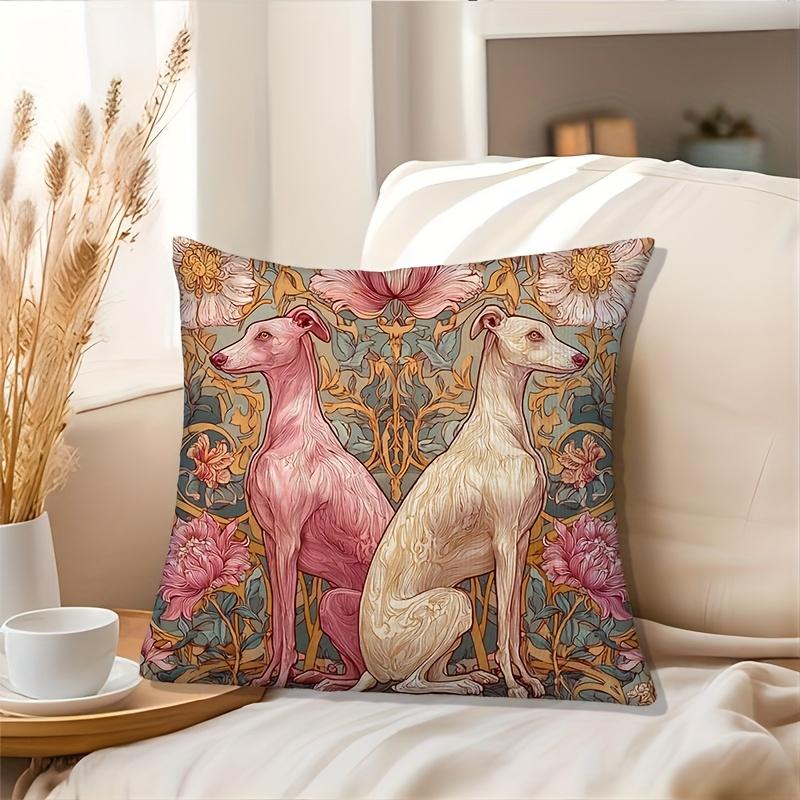 2D Flat- Vintage Floral Greyhound Throw Pillow Cover Art Nouveau Style Decorative Cushion Case For Sofa Bedroom Living Room