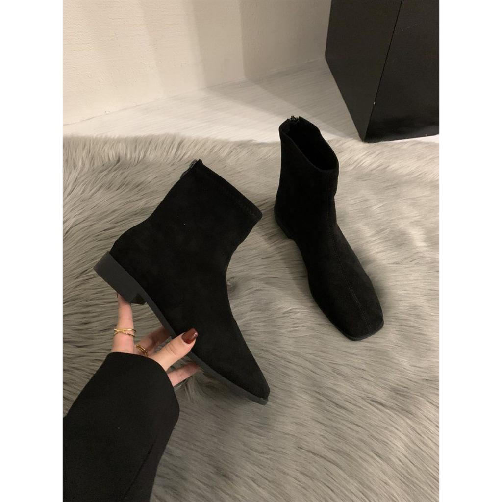Retro suede French small ankle boots women's new autumn and winter low heel black thin short Martin boots