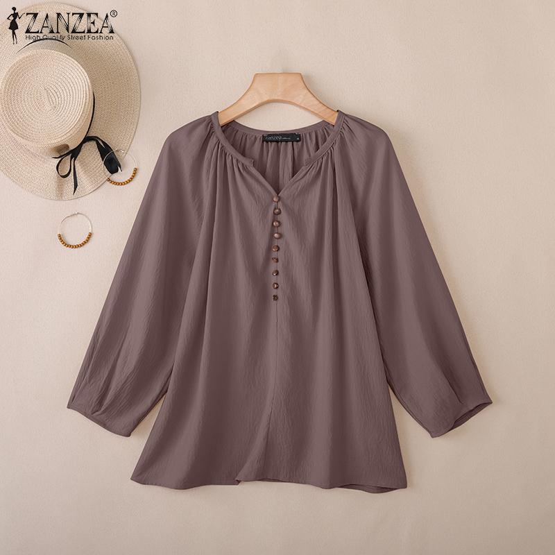 ZANZEA Women Casual V-Neck Solid Color Loose 3/4 Sleeve Blouse