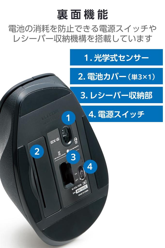 ELECOM Wireless Mouse 5 Buttons Forward Blue Perfect (Receiver Included), Large, (Back & Buttons), LED, Grip, Black, M-XGL10DBBK