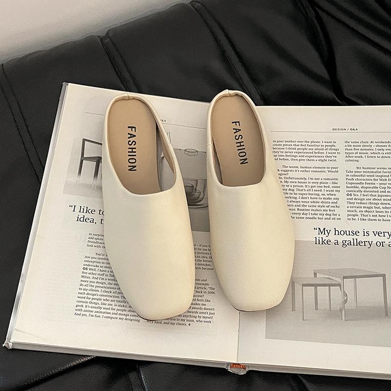 Fashion Comemore Retro Square Head Baotou Half Slippers Female Spring Summer Outside Wear Soft Leather Casual Solid Flat Mules Slides