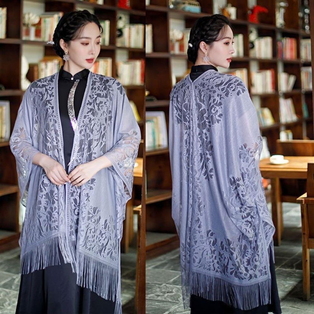 

Thin Cotton Linen Lace Cardigan Pure Color Travel Sunscreen Cloak Lace Shawl Fashion Cover Up сірий