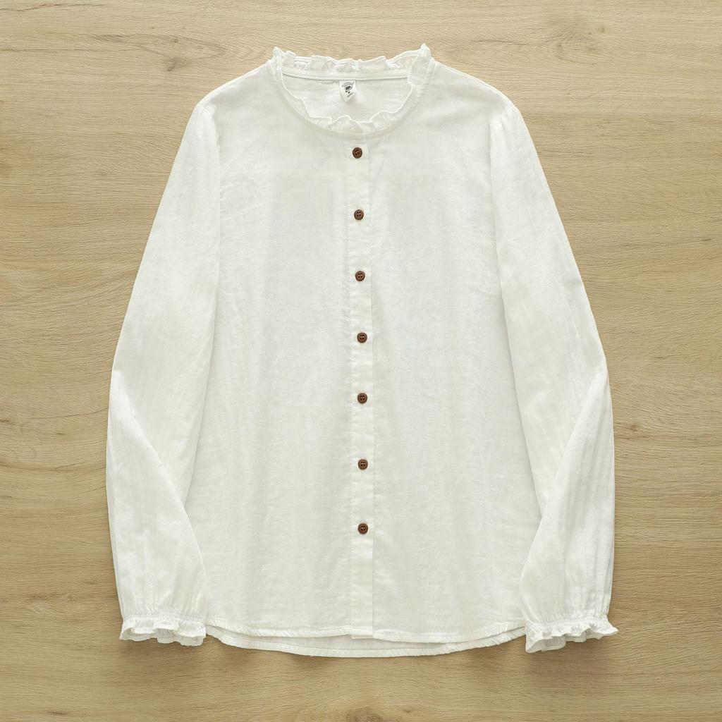 Japanese Style Women's Long Sleeve Lace Collar Shirt: Double Layer Cotton Gauze Loose Blouse