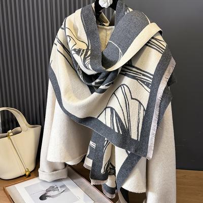 Vintage Print Contrasting Double-Sided Scarf Winter Luxury Warm Shawl For Women
