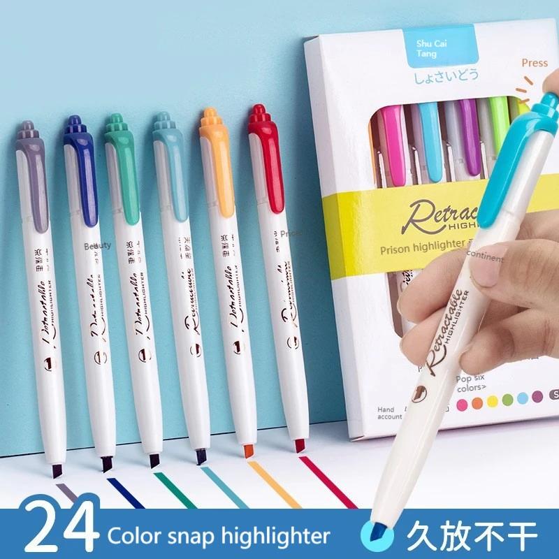 6Colors/set Morandi Retractable Highlighters Fluorescent Pen Manga Markers for Drawing Doodling Coloring Kawaii Stationery
