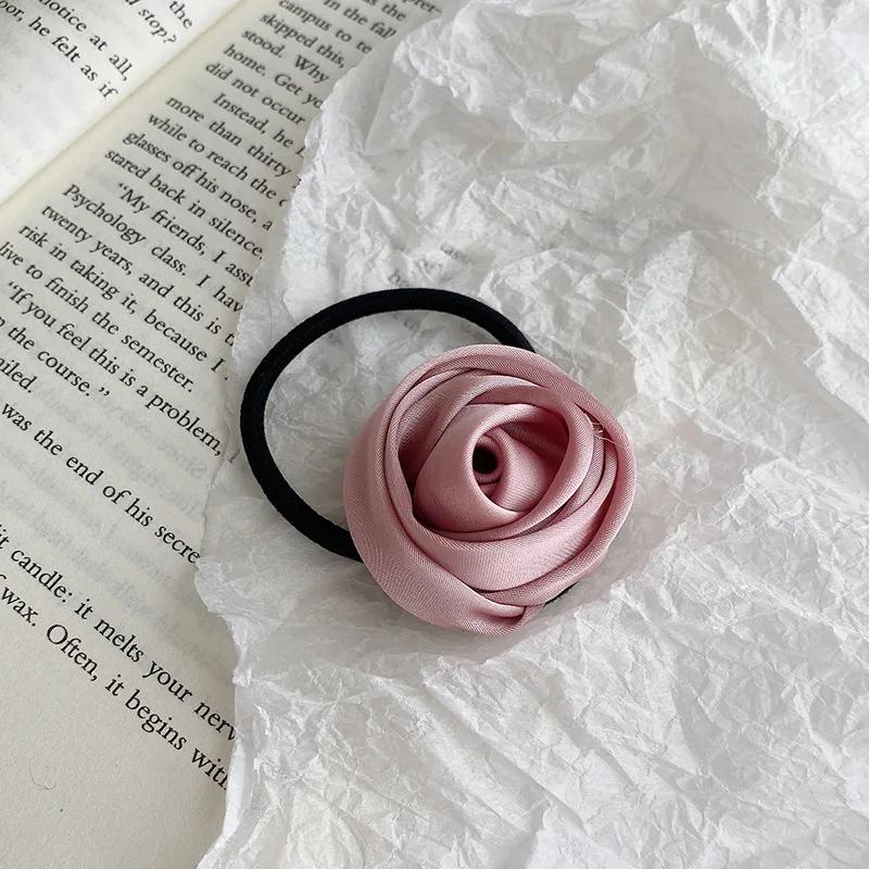 Fabric Rose Flower Hairbands Women Girls Elegant Elastic Rubber Bands Hair Ropes Headdress Satin Floral Rubber Bands
