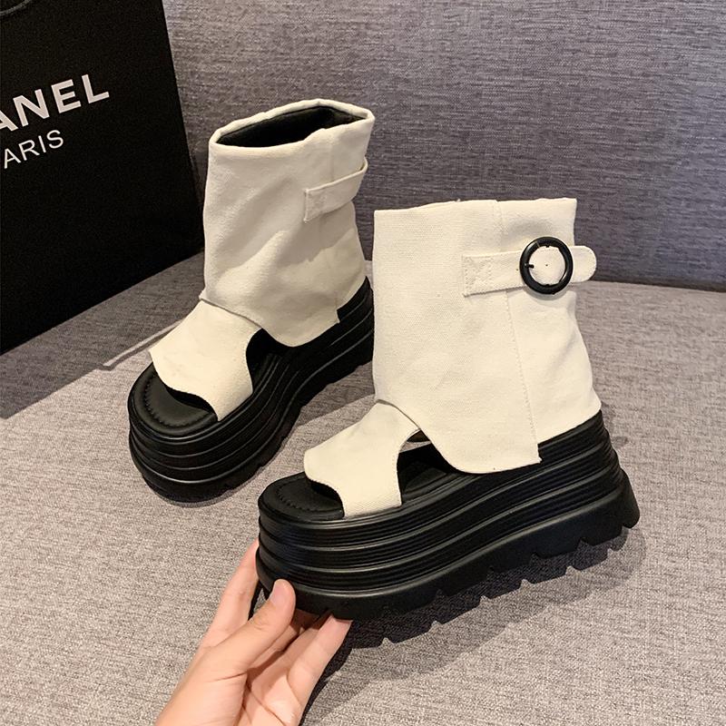 Fashion Summer Gladiator High top Sandals 8 cm Wedge Heel New 2025 Designers Women Denim Canvas Flip Flop High Platform Casual Sandals