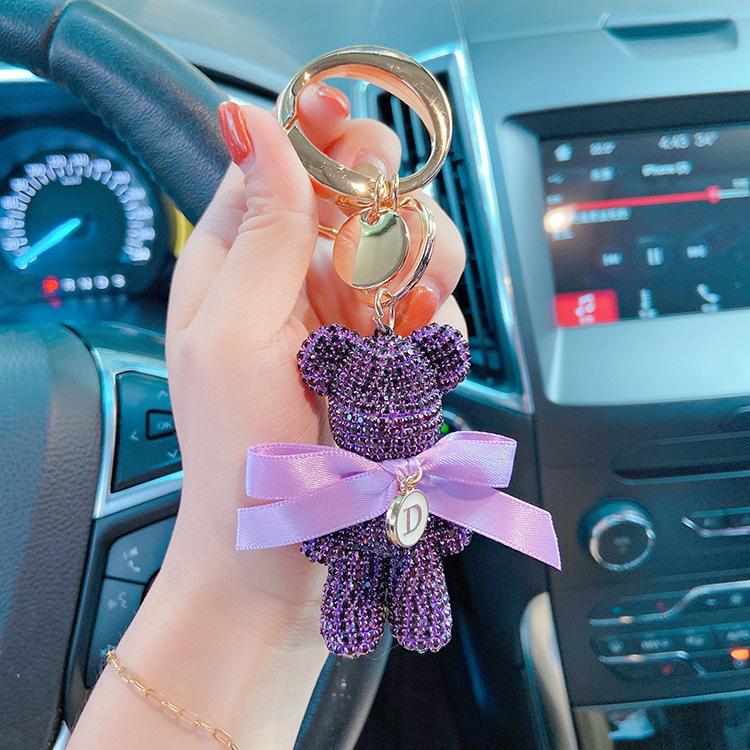 Luxury Jewelry Full Rhinestones Bear Car Key Chain Creative Letter Big Button Key Chains Bag Pendant Doll  Party Gifts For Women