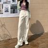 Korean Style Cream Denim Wide-Leg Floor-Length Pants - Trendy & Slimming