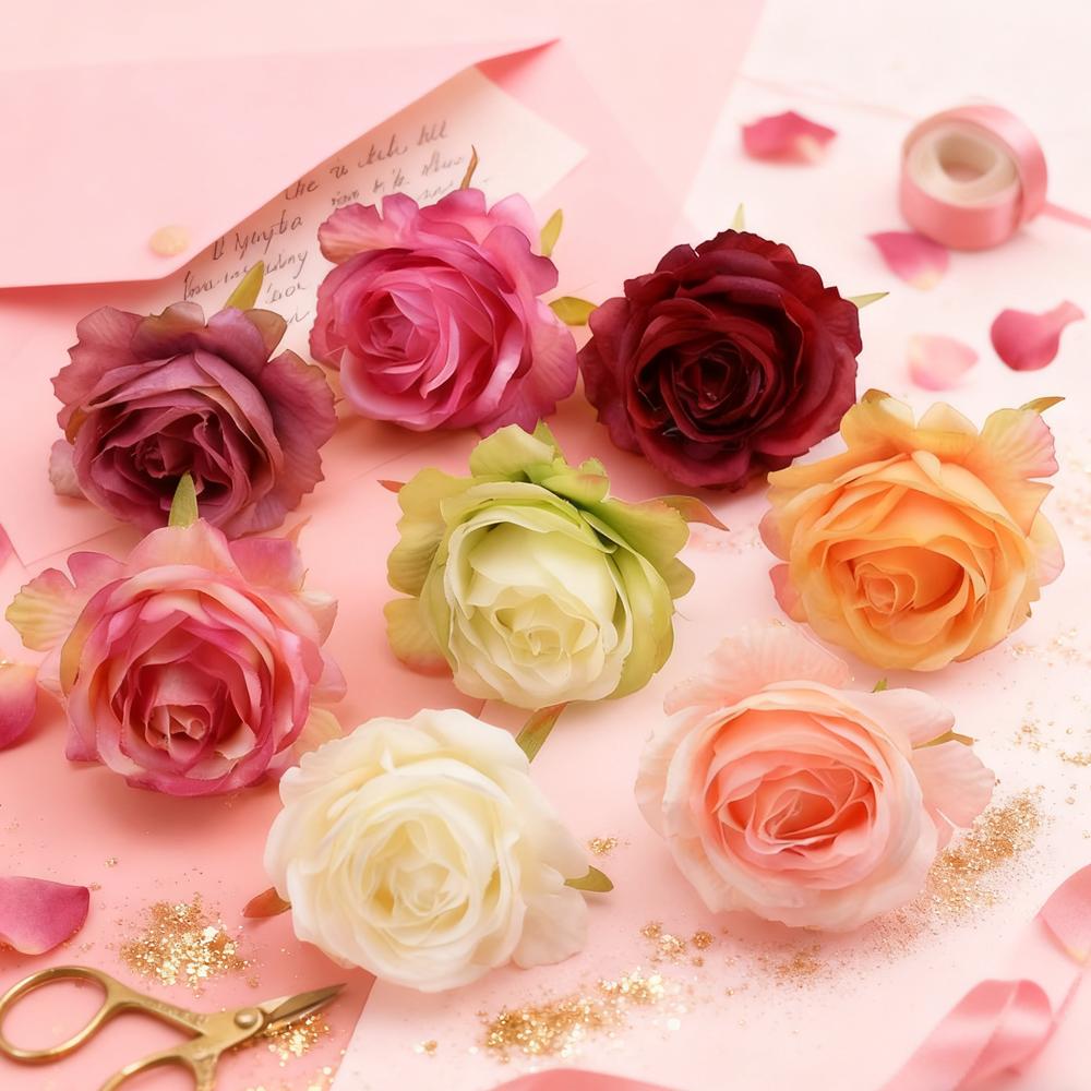 50Pcs Artificial Flowers Silk Roses Heads Home Wedding Decorations Valentine's Day Garland Palnts Wall Festival Diy Supplies Box