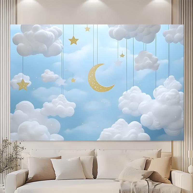One party banner 2D flat blue cloud background cartoon cute blue and white gold moon shining stars party decoration