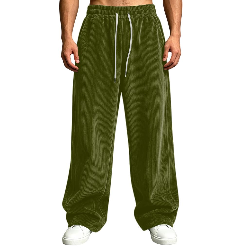 Pantalones de pana para hombre de cintura alta con bolsillos de corte holgado pierna recta ancha color casual