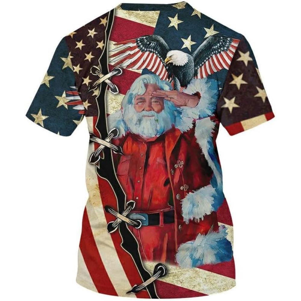 Family Christmas Shirts Santa Print Patriotic Tshirts for Men American Flag Short Sleeve T-shirts