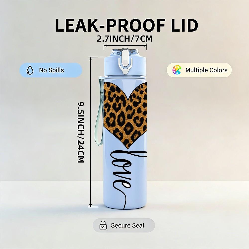 1PC Leopard Heart Love Line Art Print 750ml Color Plastic Sports Water Bottle Leakproof Flip Straw Lid Suitable for Sports Office Home Use