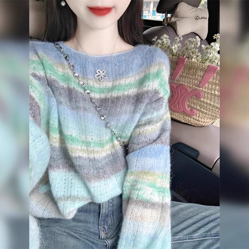 

Gradient Striped Tie-Dye Mohair Women s Sweater - Autumn/Winter Lazy Style Soft Knit M (95-105 jin) with Shipping Insurance