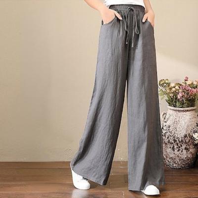 Women Spring Summer Cotton Linen Pants Casual Elastic Waist Wide Leg Trousers Fashion Loose Long Pants