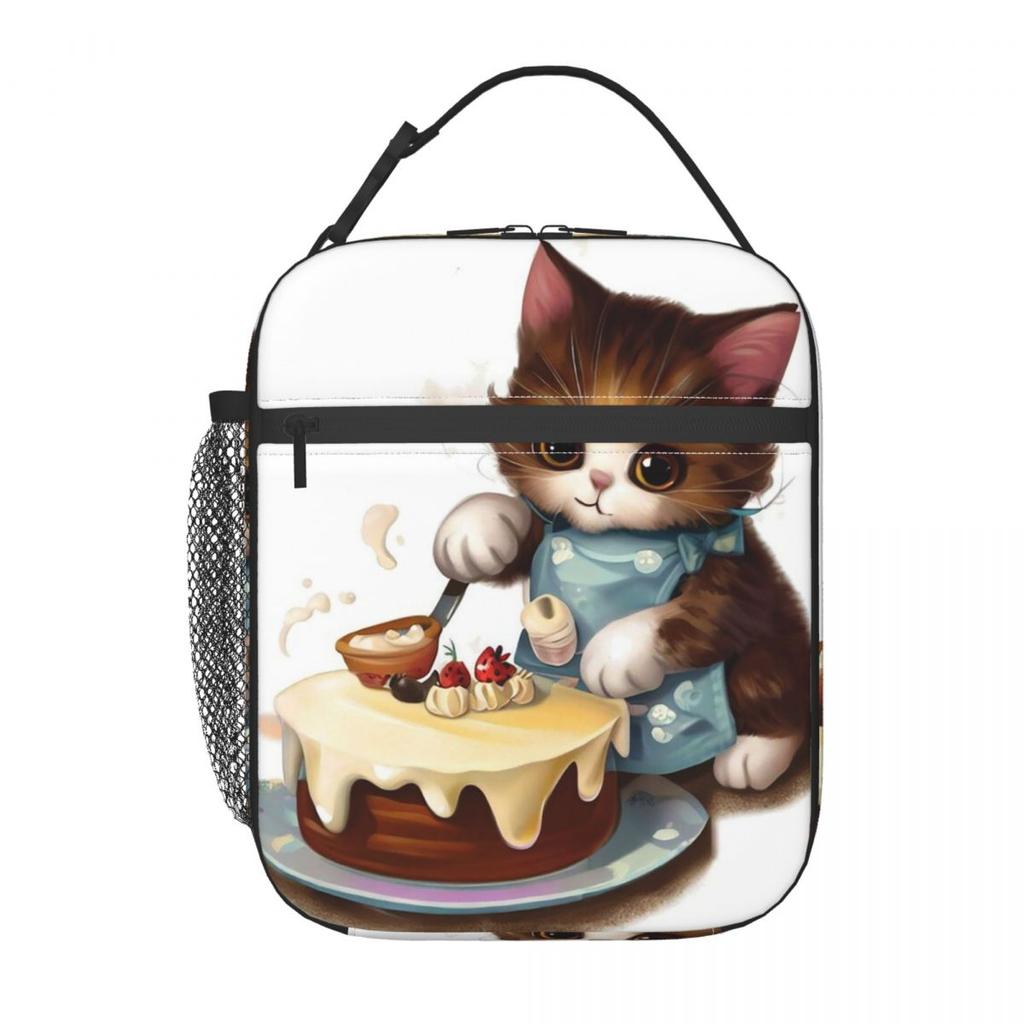 Cute Kitten Cooking Cake Pattern Insulated Lunch Bag for Women Kids Portable Food Boxes Thermal Lunch Box Tote