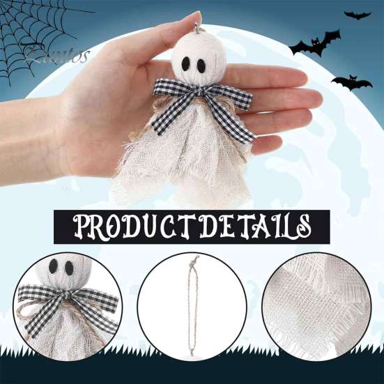 Halloween Branch Hanging Ornaments Ghost Ornament, 4 Inch Small Doll Decoration with Jute Rope, Fabric Yard Decor Farmhouse Rustic Cloth for