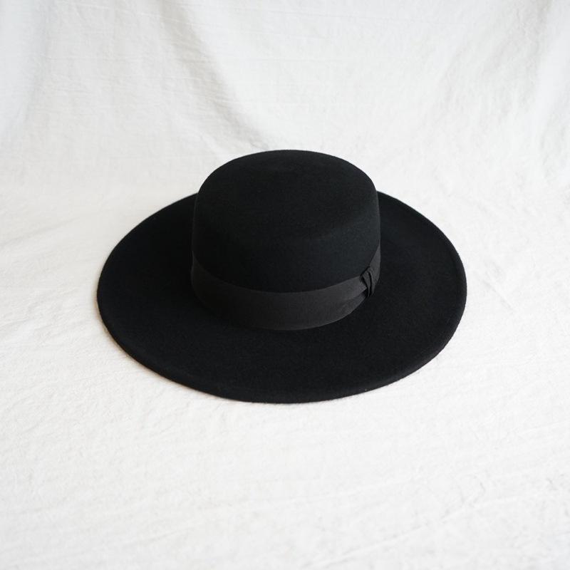 Foreign Trade Export Black Bow Big Eaves Flat Top Top Hat For Men And Women Autumn And Winter Wool British Retro Panama Felt