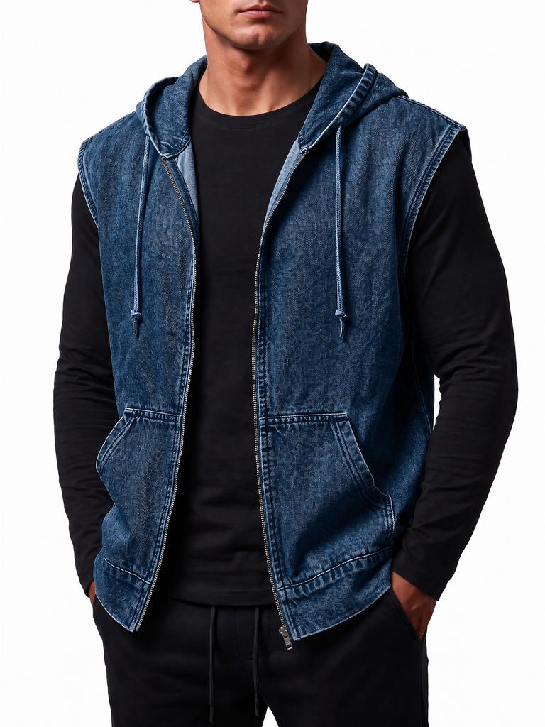 Men's Casual Full Zip Hooded Denim Vest Jacket, Sleeveless Jean Outerwear for Everyday Wear