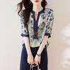 Sommer Neu V-Ausschnitt Mode Kurzarm Bluse Damen High Street Lässig Locker Pullover Vintage Druck Alleskönner Baumwoll-Tops