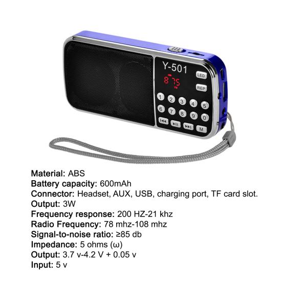 Y-501 FM Radio Digital Support TF Card USB AUX Portable LED Flashlight Audio Music Player Speaker for Mobile Phone