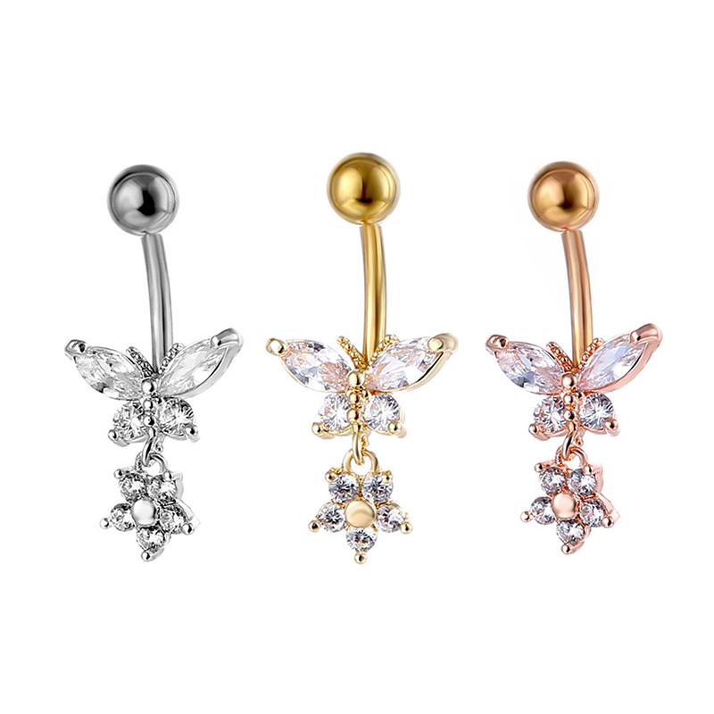 Piercing ombelicale in acciaio chirurgico con zircone a forma di farfalla