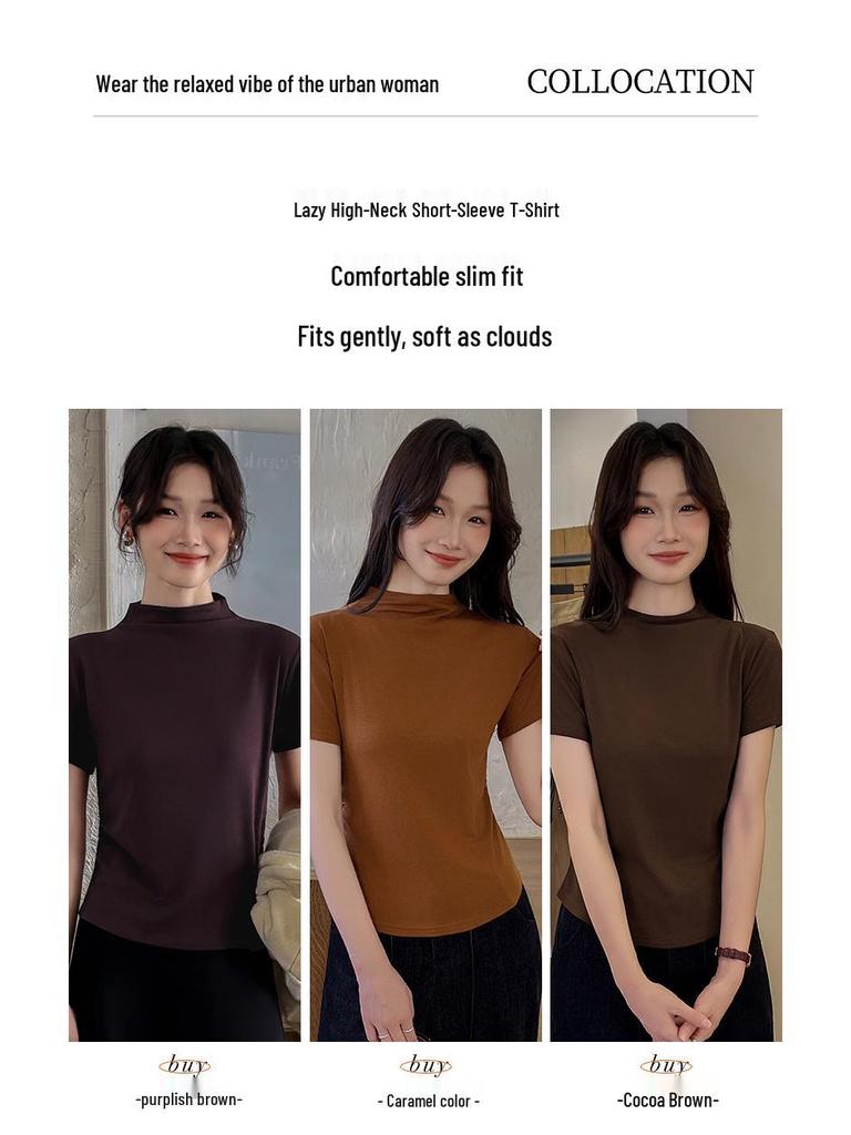YB536# Women's Minimalist Half High Neck Slimming Solid Color Short Sleeve Shirt
