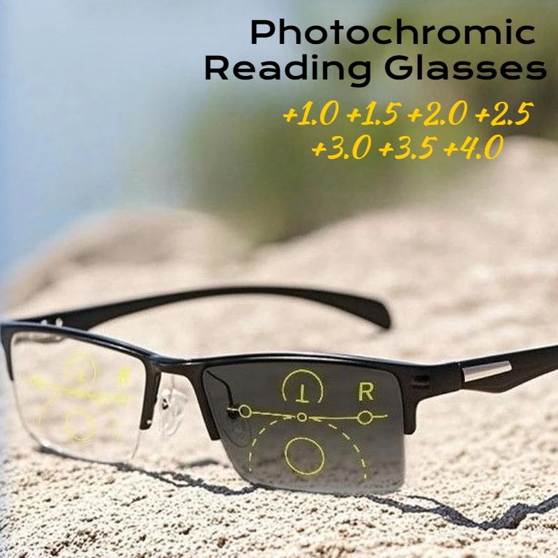Half Frame Men Business Reading Glasses Pochromic Progressive Multifocal Far Sight Glasses Anti-blue Light Presbyopia Glasses