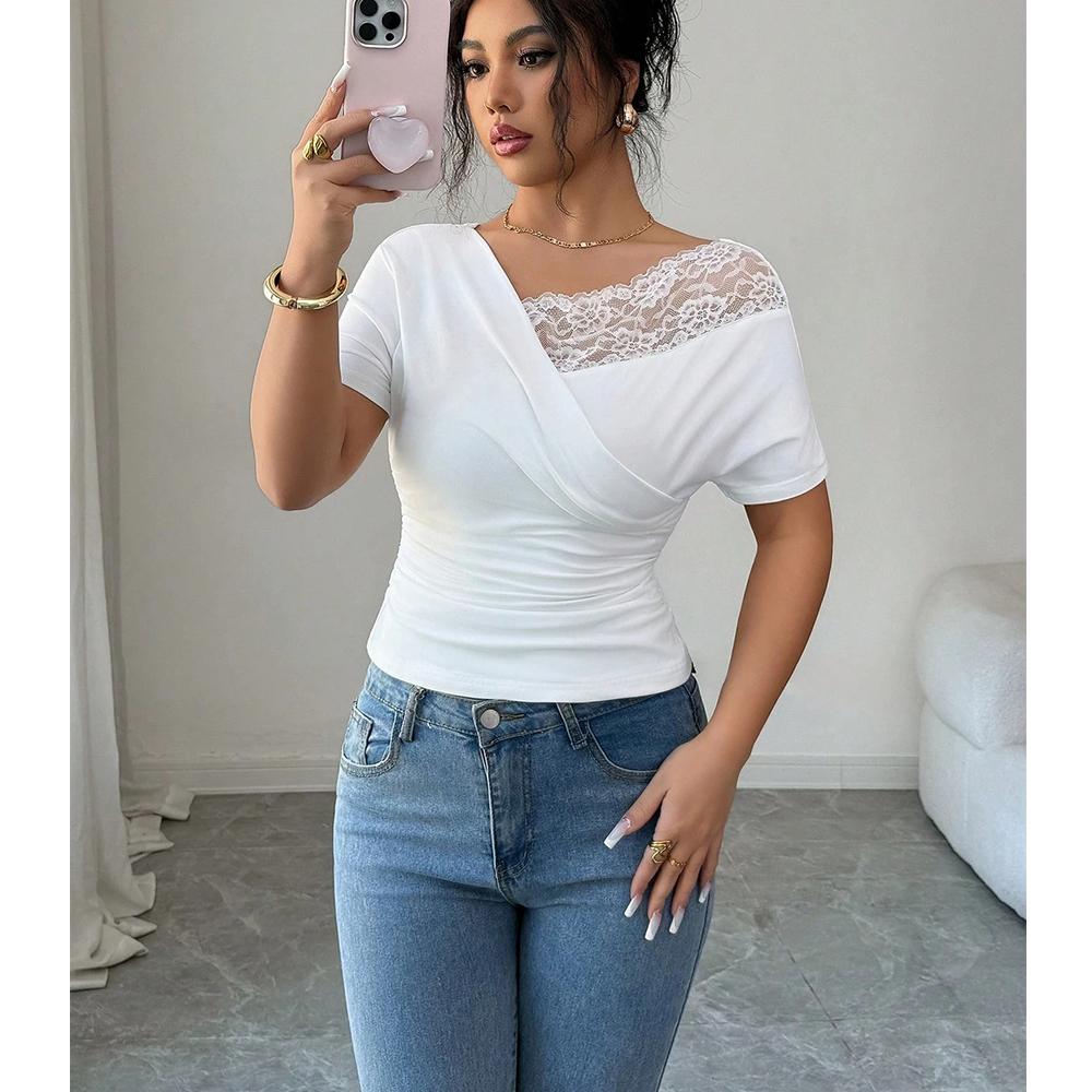 Going Out Tops for Women Lace Panel Asymmetrical Off Shoulder Blouse V Neck Slim Fit Short Sleeve Tops for Women S