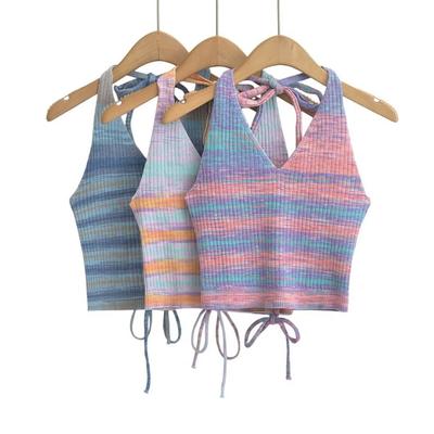 Sommer Frauen Halter Tank Tops Sexy Streifen Kurze Backless Camis Dame Mode Schlank Crop Kleidung
