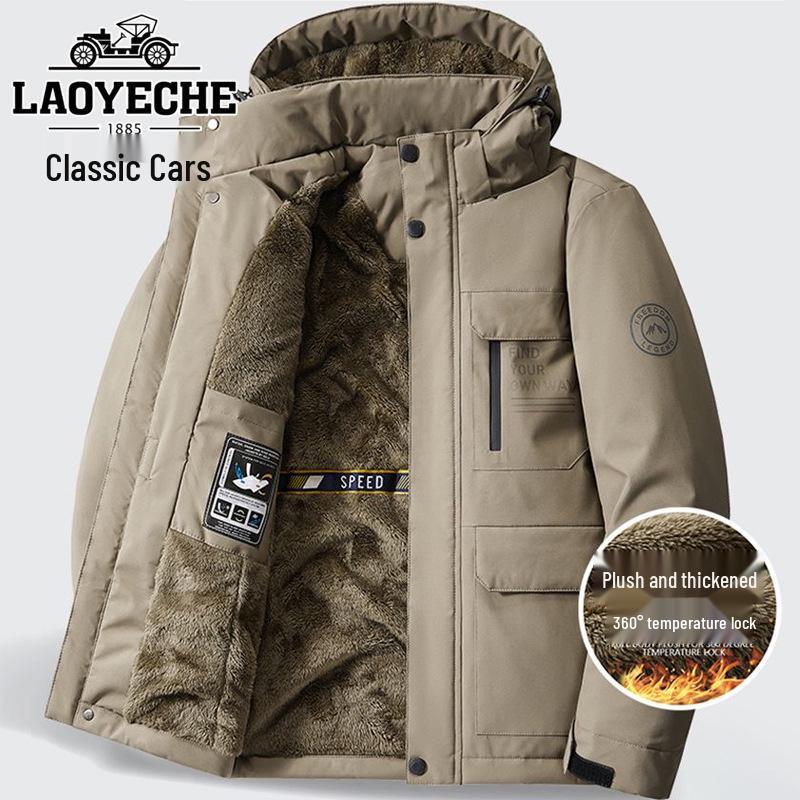 Klassische Herren Kapuzenjacke aus Baumwolle mit Fleecefutter - Warmer, Dicker Wintermantel mit mehreren Taschen für die Arbeitskleidung im Freien für die mittlere und ältere Generation