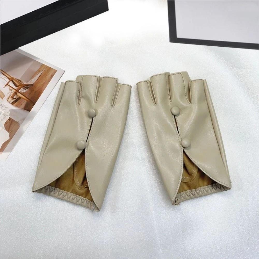 PU Leather Half Finger Gloves Button Hole Leather Gloves Stylish Women Leather Gloves  Performance