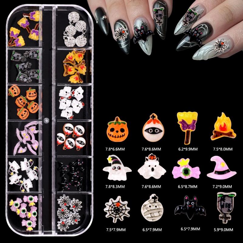 12 Grid Halloween Series Nail Art Jewelry Cartoon Ghost Pumpkin Spider Bat Nail Charms Diy Nail Art Decoration Accessories