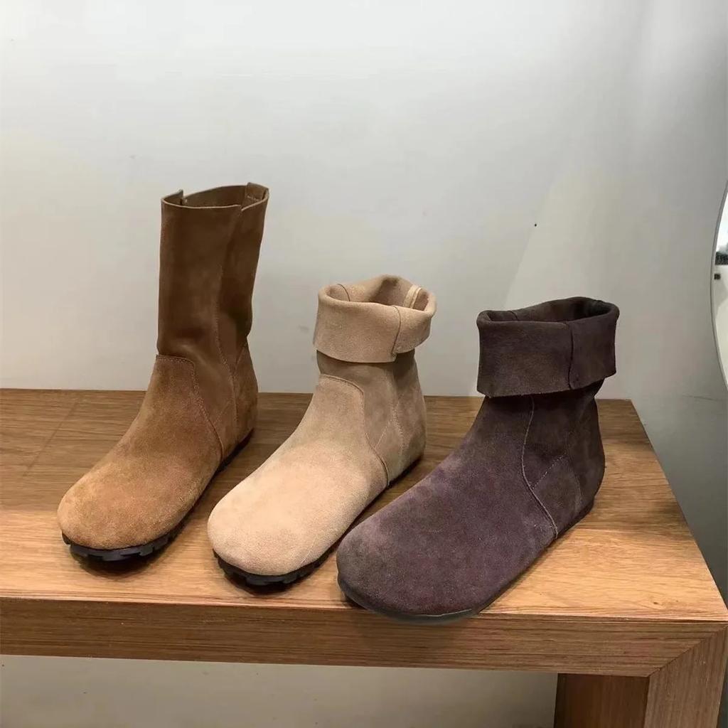 Fashion Women's Fashion Thick Heels Faux Suede Ankle Boots Female Flat Khaki Slip On Western Boots Woman Autumn Retro Short Botas Mujer