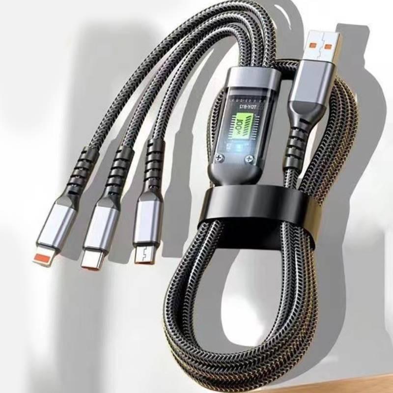Transparent Fast Charging 3-in-1 Braided Cable With Led Indicator For Huawei Apple Android 100w
