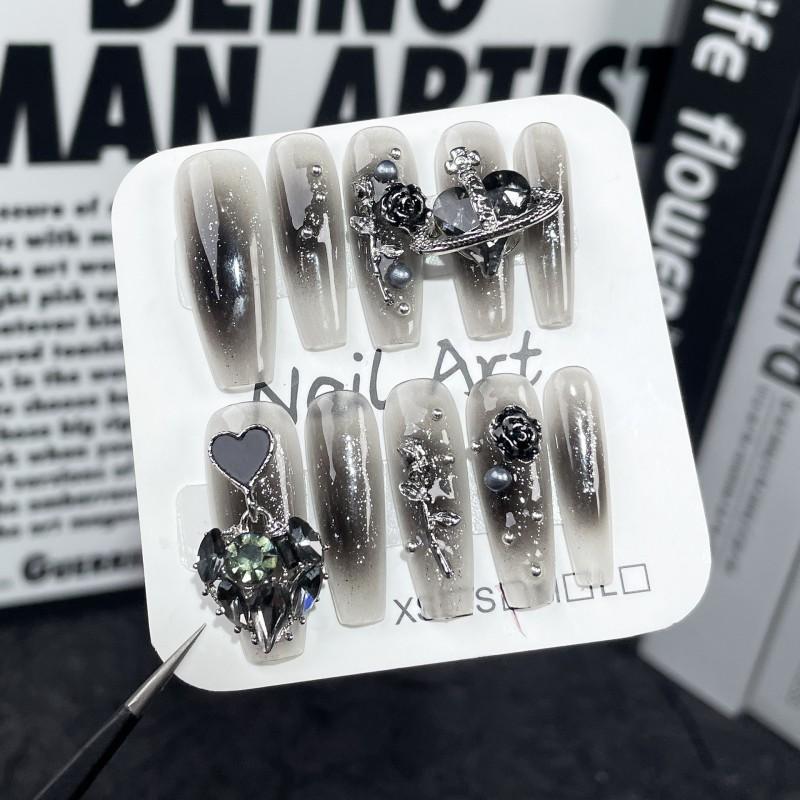 Handmade Press-On Nails Long Coffin Shape Rose Floral Heart Design Sparkle Acrylic Nail Tips Women Extra Small