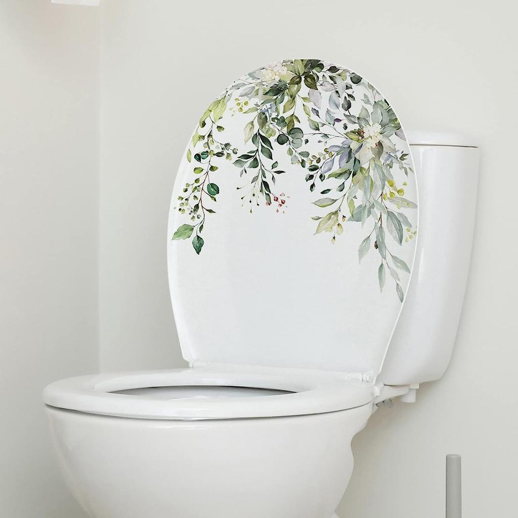 Green Plant Leaves Flowers Toilet Seat Lid Stickers Self-Adhesive Bathroom Wall Stickers Green Leaf Floral Toilet Lid Decals DIY Removable Waterproof