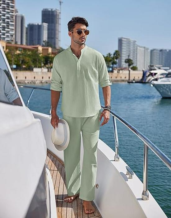 2024 Men's Solid Color Cotton Linen Henley Shirt & Long Pants Set - Autumn/Winter Casual Wear