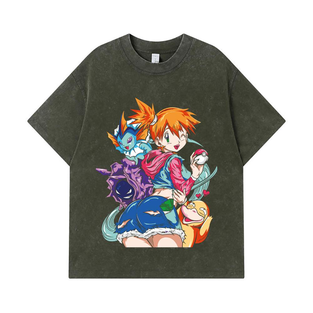 

275 GSM Washed T-shirts 100% Cotton Pokemon V17 Misty Print Unisex Heavy Cotton T Shirt S армия зеленый