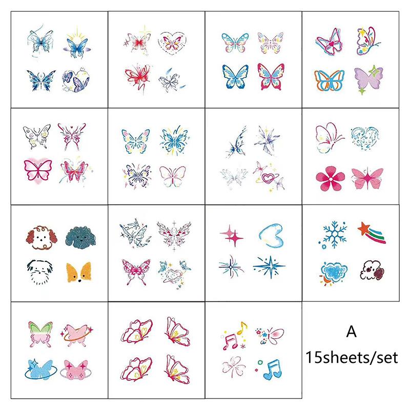 15 Ark Glitter Drømmende Sommerfugl Vanntett Midlertidig Tatovering Langvarig Vanntett Realistisk Falsk Tatovering Fingerklistremerker