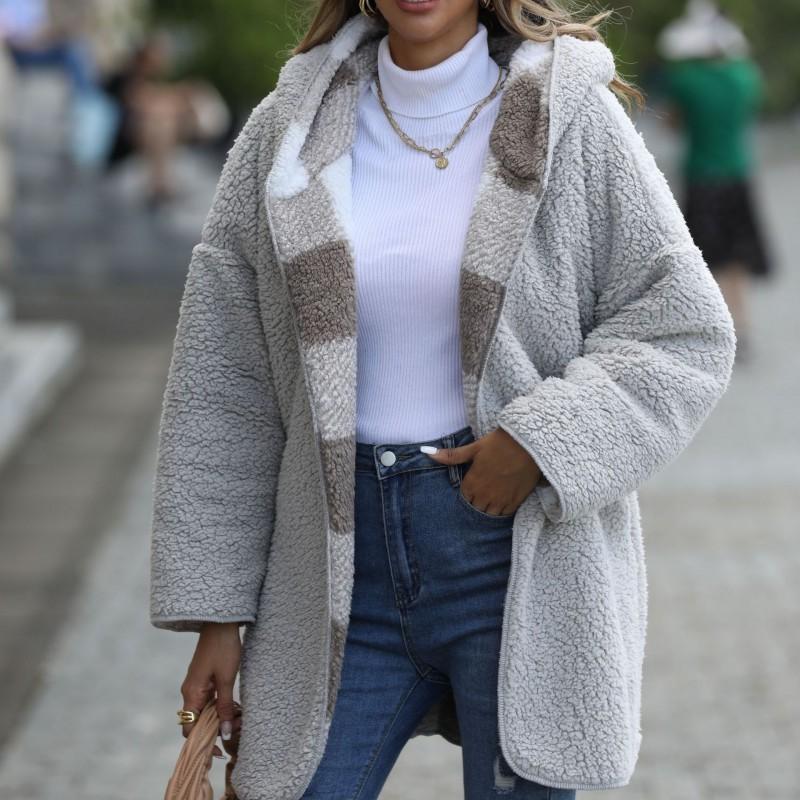 Womens Oversized Hooded Bubble Fleece Coat Casual Long Sleeve Plaid Loose Fit Mid-Length Unbuttoned Jacket