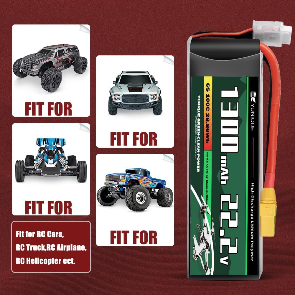 Lipo Battery 6S 22.2V 1300mAh 100C with XT60 Connector – High Power for RC Models – Soft Case, Silicone Wire