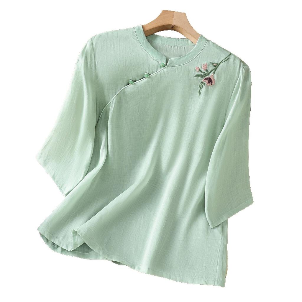 2025 Spring and Summer New Cotton and Linen Five-quarter-sleeved Shirt Women's Heavy Industry Embroidered Stand-up Collar Diagonal Cardigan Women's