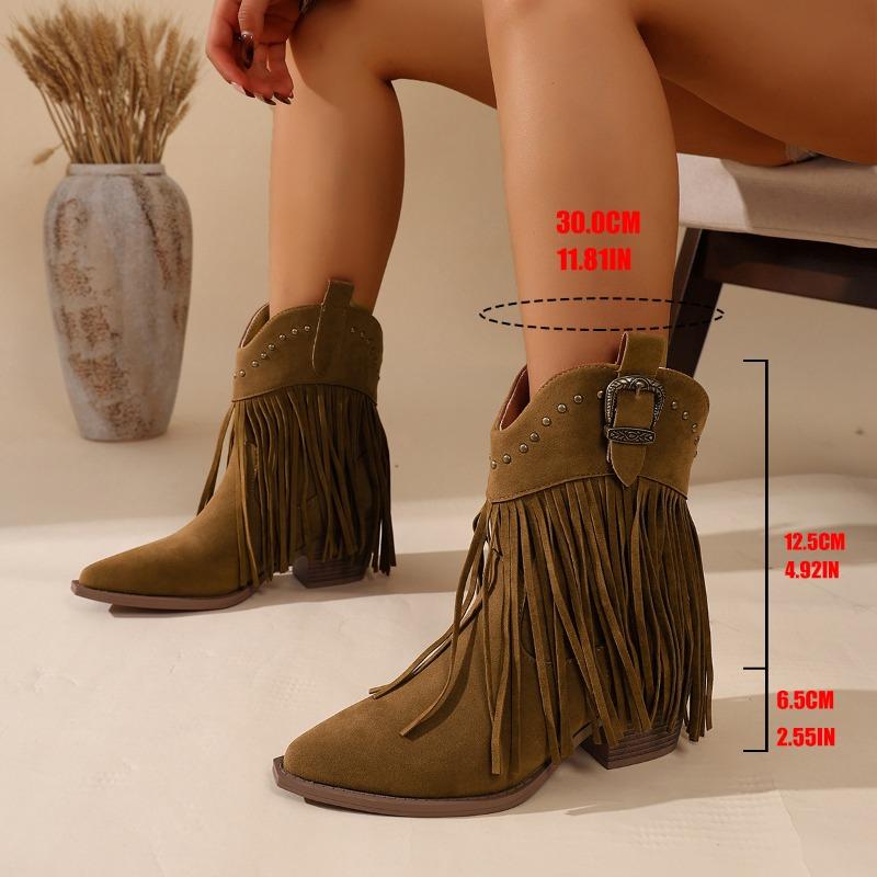 Large size short boots women's autumn new rivet western thick heel fringed boots pointed short boots