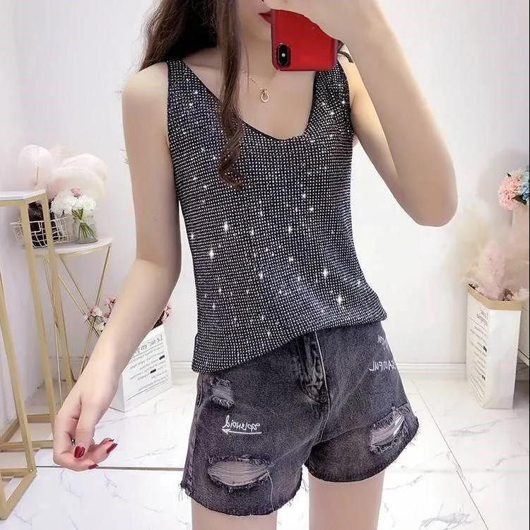 Summer Women's Ice Silk Diamond Camisole Women's Loose Short Sleeveless V-neck Bottoming Shirt Tank Top
