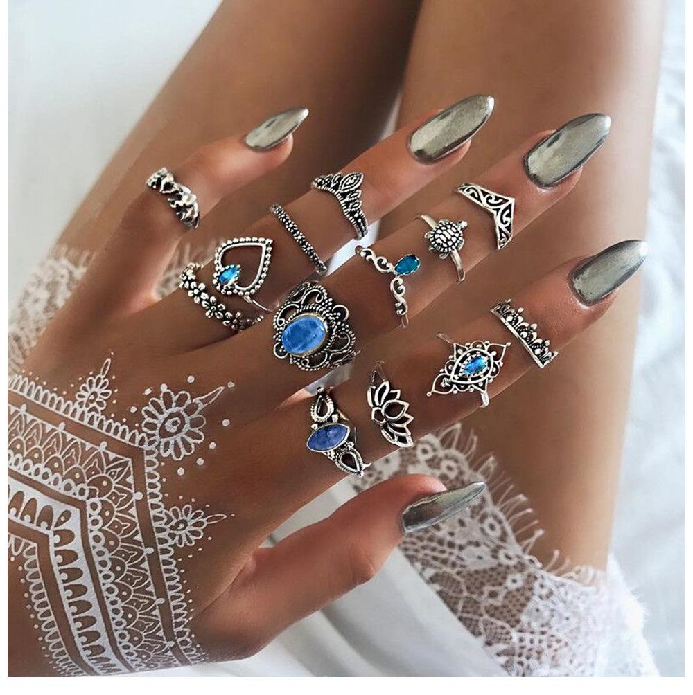 Vintage Bohemian Feather Turquoise Hollow 9 Piece Set Ring