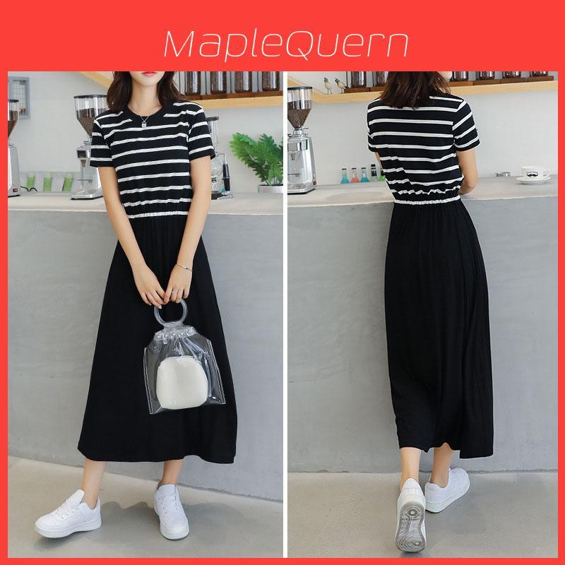 Premium Quality Women Summer Dress Casual Stripe Tank Short Sleeve Long Dress For Versatile Summer Style