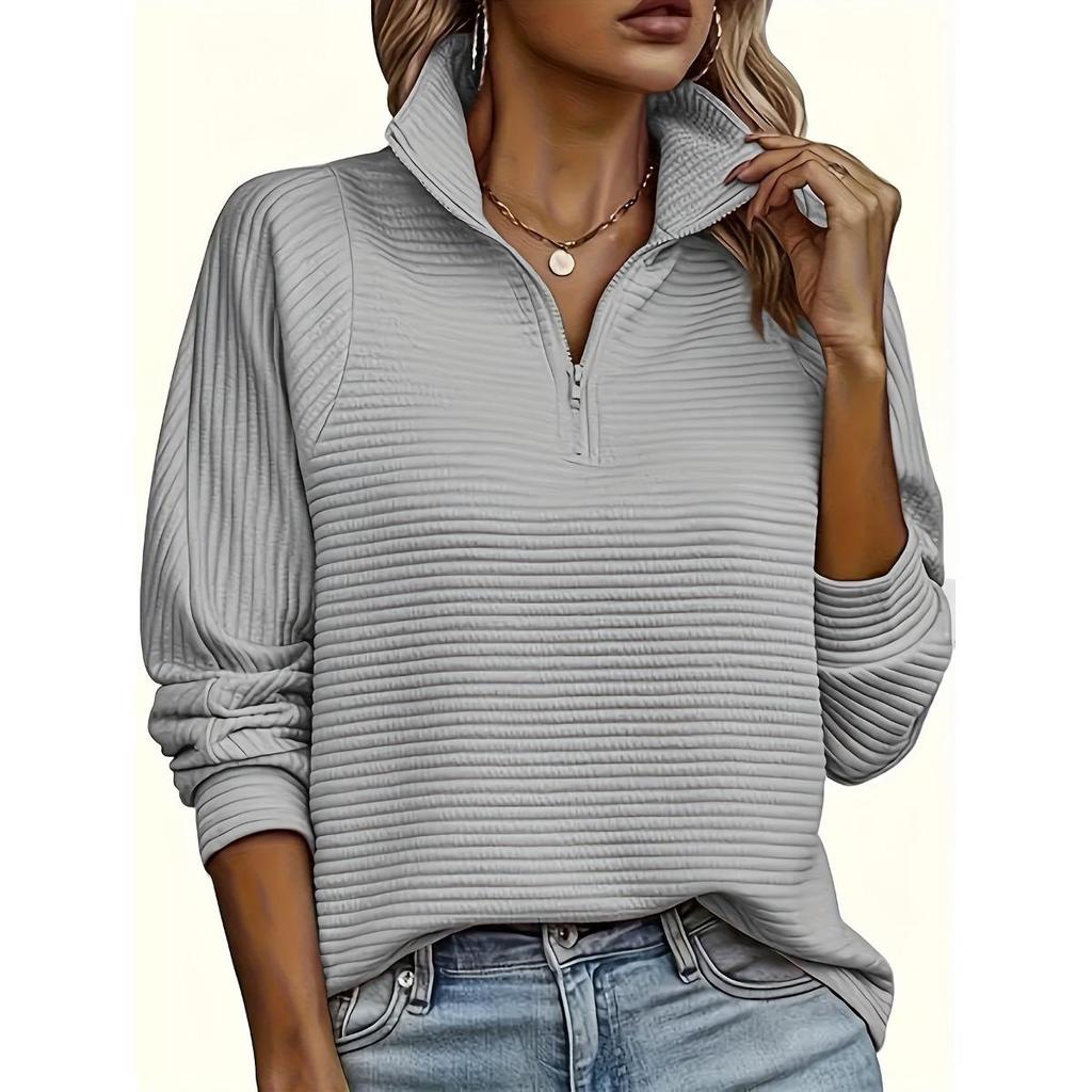 Suéter Casual de Punto con Cremallera para Mujer, Jersey Holgado de Manga Larga con Cuello en V, Color Puro, Adecuado para Usar en Primavera y Otoño, Bajo Regular