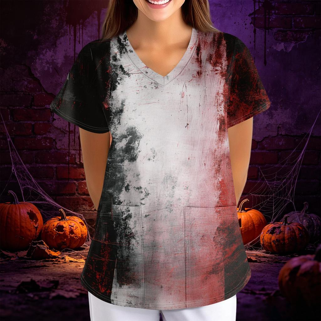 Women Halloween Print Loose Fit V Neck Short Sleeve Medical Scrub Top with Pockets Casual Workwear Uniform for Healthcare Professionals